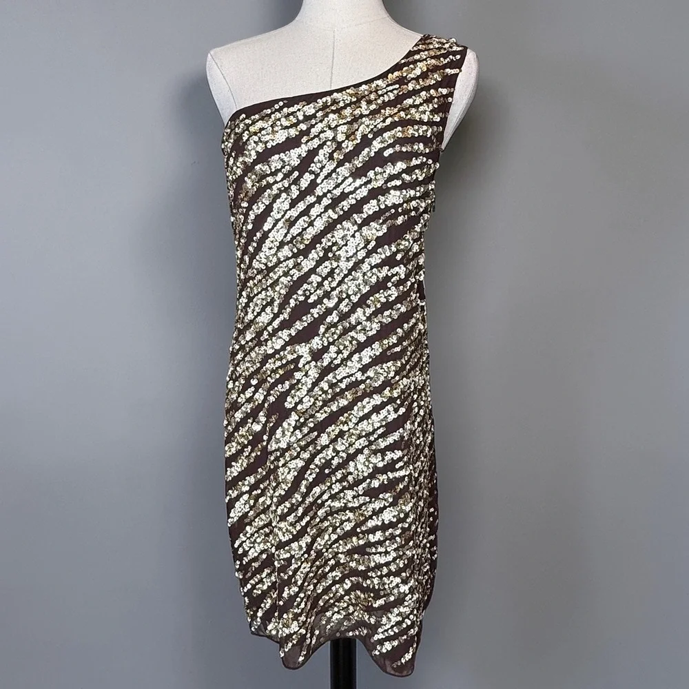 Alice + Olivia Nora One Shoulder Sequin Zebra Dress‎ Brown NEW size 6